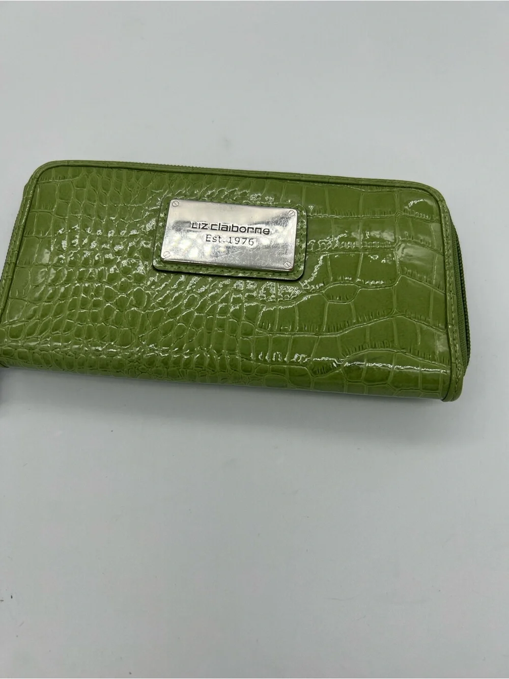 Liz Claiborne Olive Green Croc-Embossed Zip Around Wallet